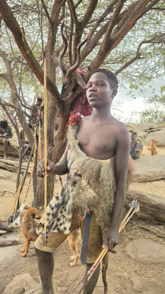 Young Hadzabe hunter in hide clothing beside a kudu hung in an acacia